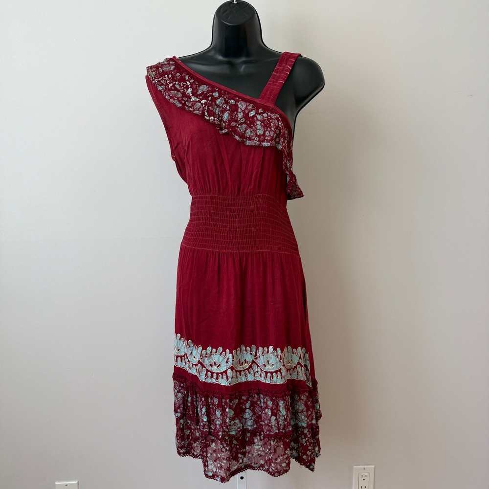 Fashion Terminal Cotton Boho Lagenlook Peasant Smocked Midi Dress OS Red